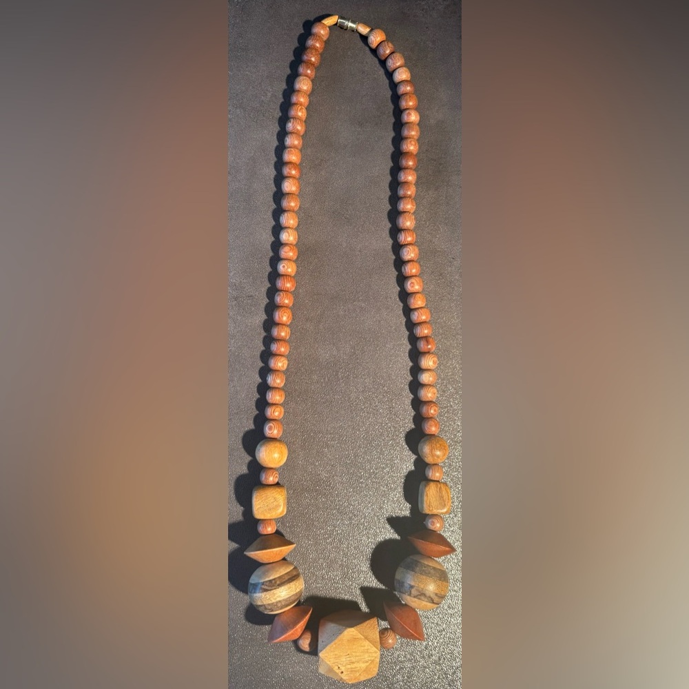 Vintage Boho Chunky Wooden Necklace, 12” long